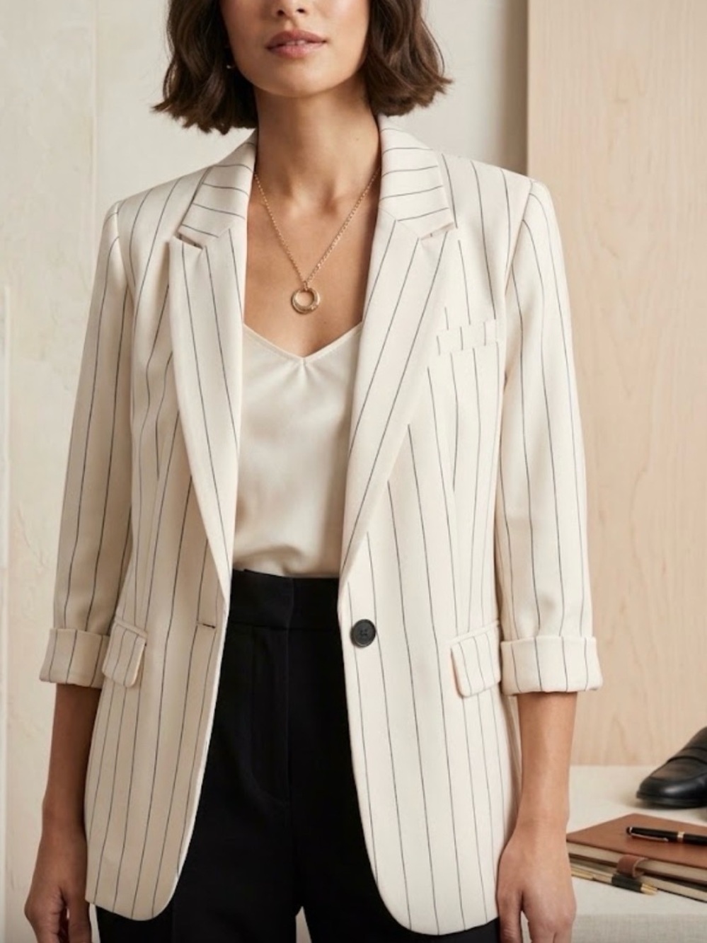 Maeve for Anthropologie Pinstripe Blazer - Cream & Navy, Single Button, Size